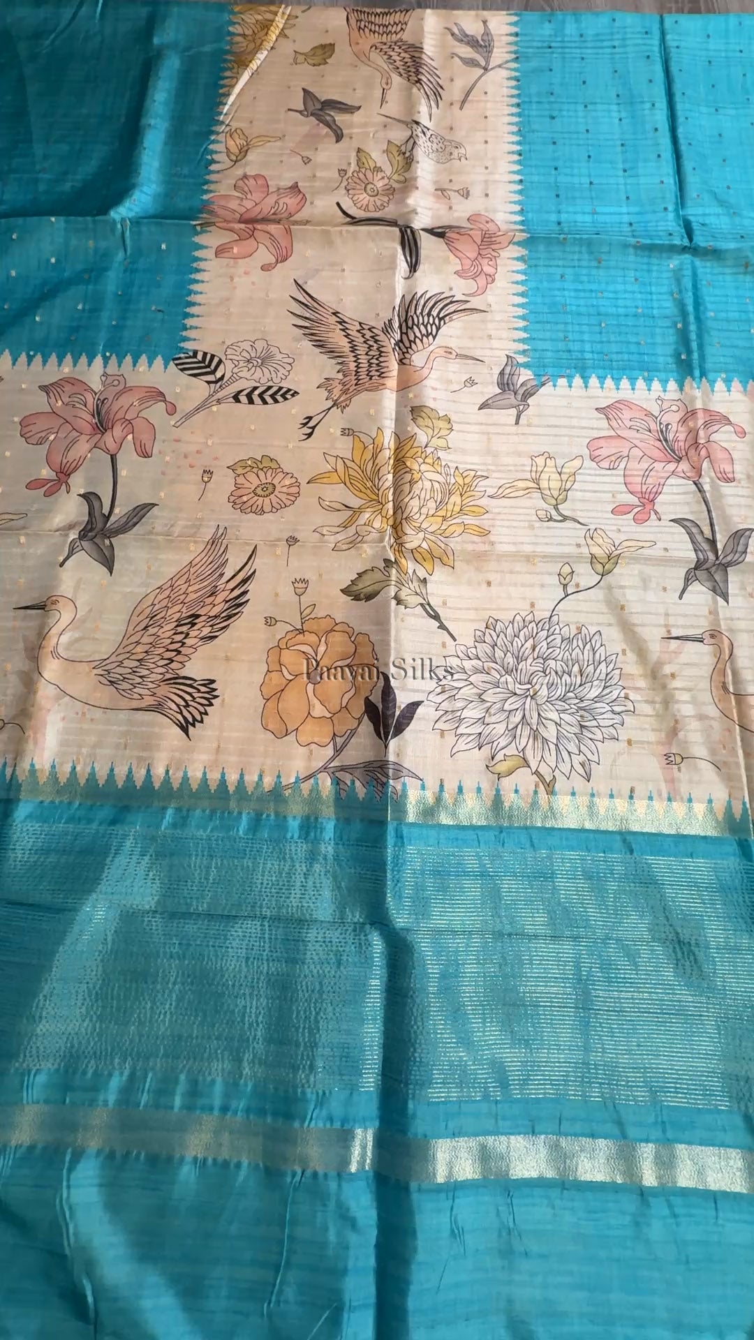 Aqua Blue Semi Tussar Silk Saree with Wildflower & Bird Print