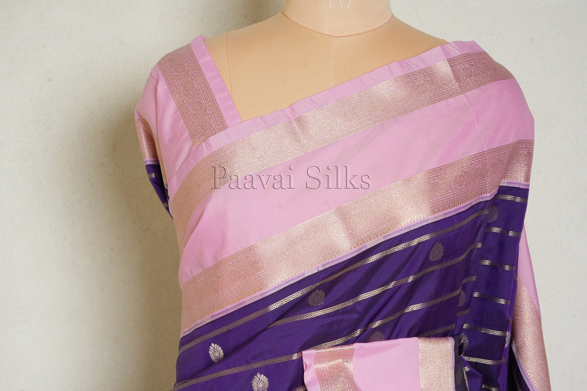 Violet Saree with Gold Zari Veldhari & Pink Rettapet Border