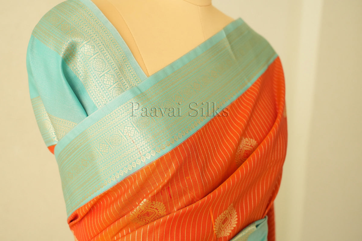 Kanagaambaram Orange Saree with Aqua Blue Rettapet Border