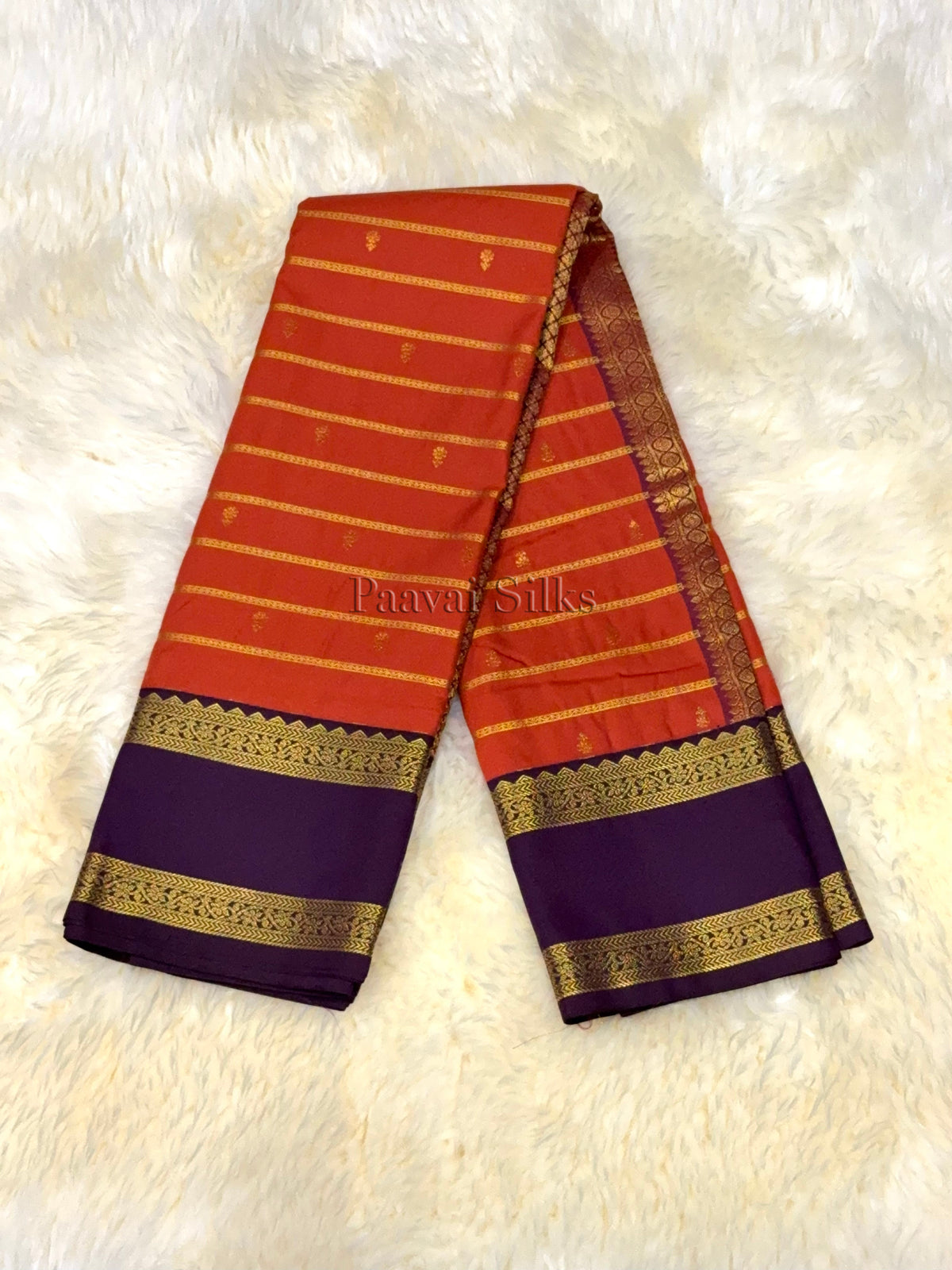 Rust Orange Saree with Purple Rettapet Border