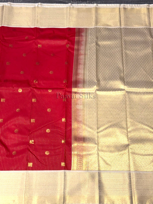Chilly Red Saree with gold zari vertical stripes & Cream Gold Zari Border