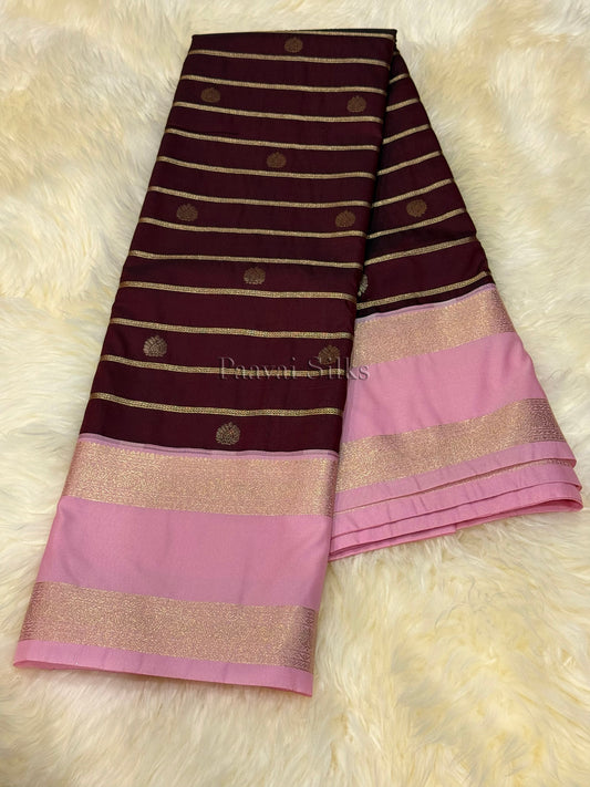 Rich Brown Saree with Gold Zari Veldhari Weave & Lotus Pink Rettapet Border
