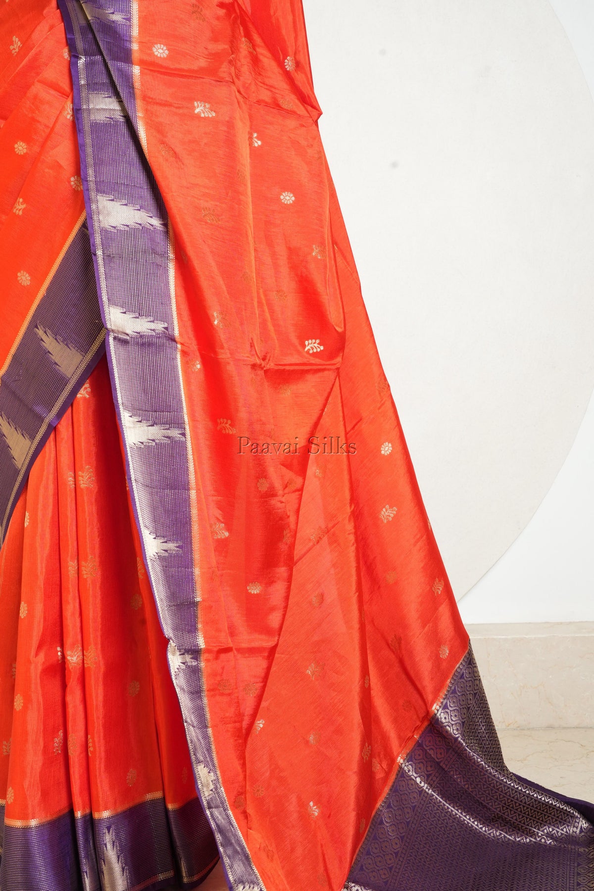 Orange Semi Soft Silk Saree with Purple Contrast Zari Border
