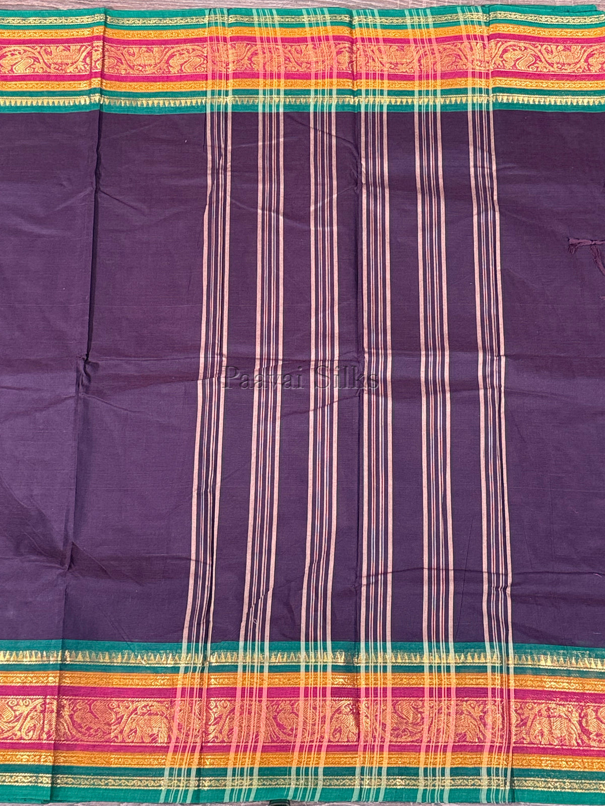 Deep Aubergine Saree with Green & Magenta Zari Border