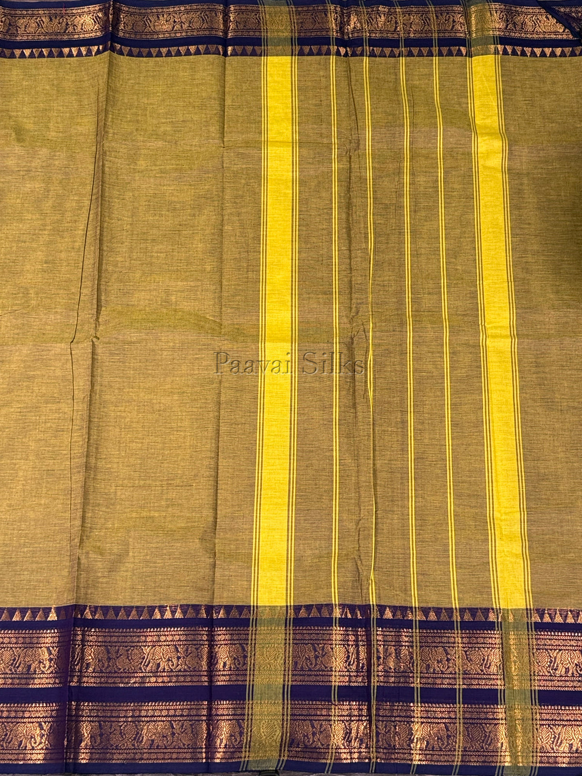 Mustard Green Saree with Deep Blue Zari Border