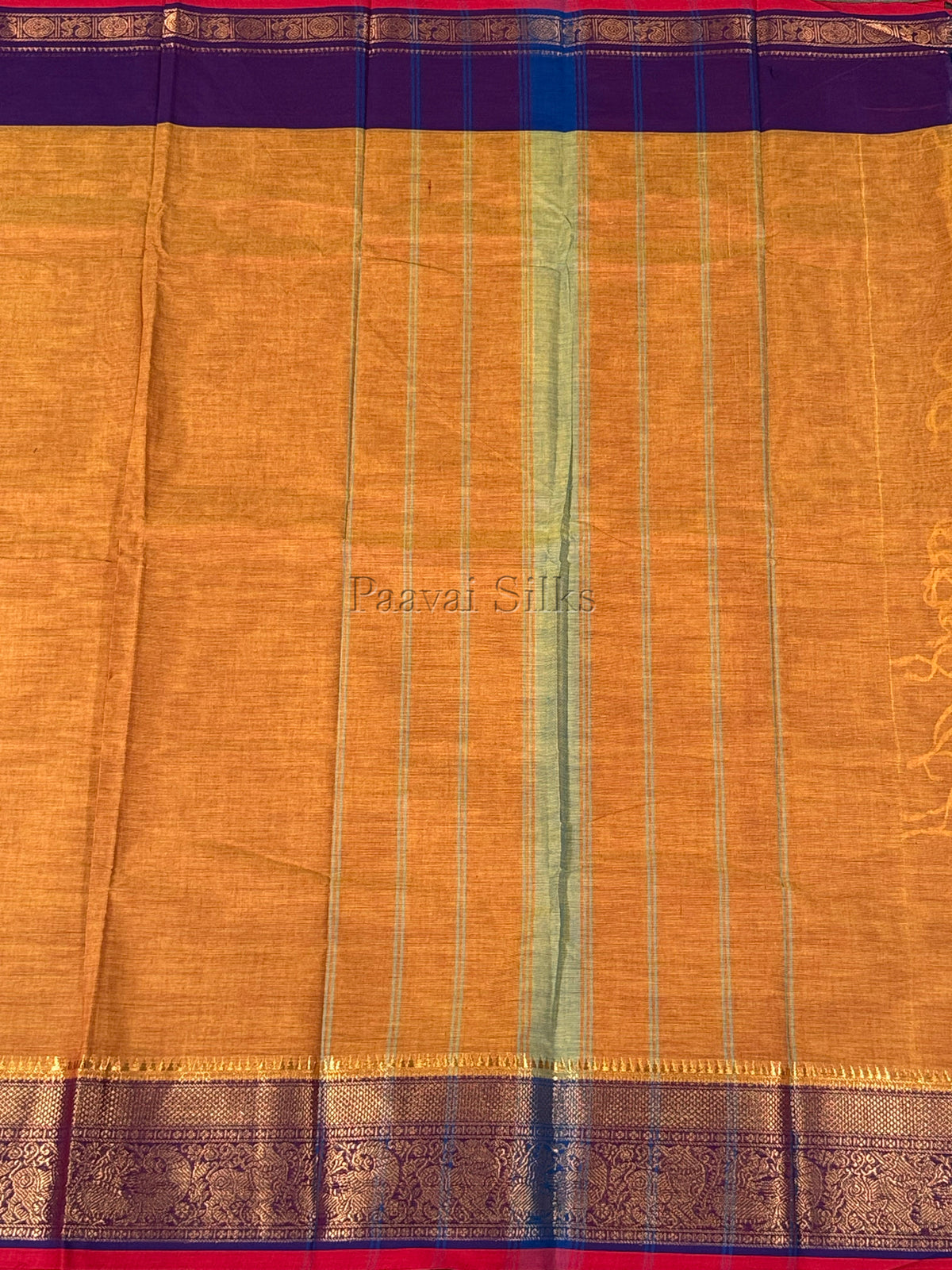 Mustard Gold Pure Kanchi Cotton Saree with Deep Purple Peacock Zari Border