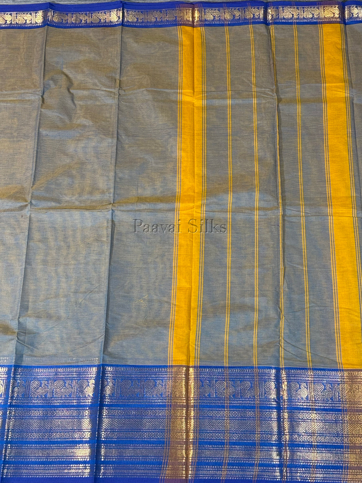 Antique Olive Saree with Royal Blue Gold Zari Border
