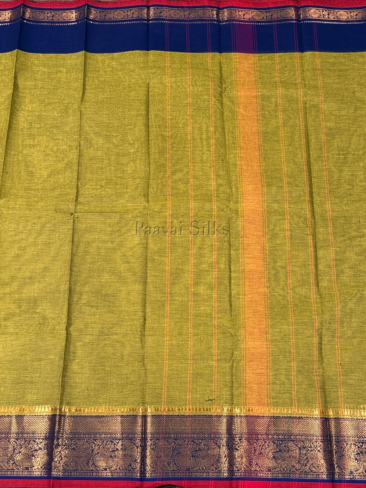 Olive Green Saree with Navy Blue Peacock Zari Border