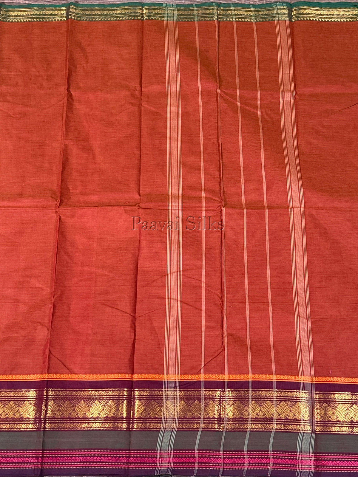 Rust Brown Saree with Deep Maroon & Forest Green Zari Border