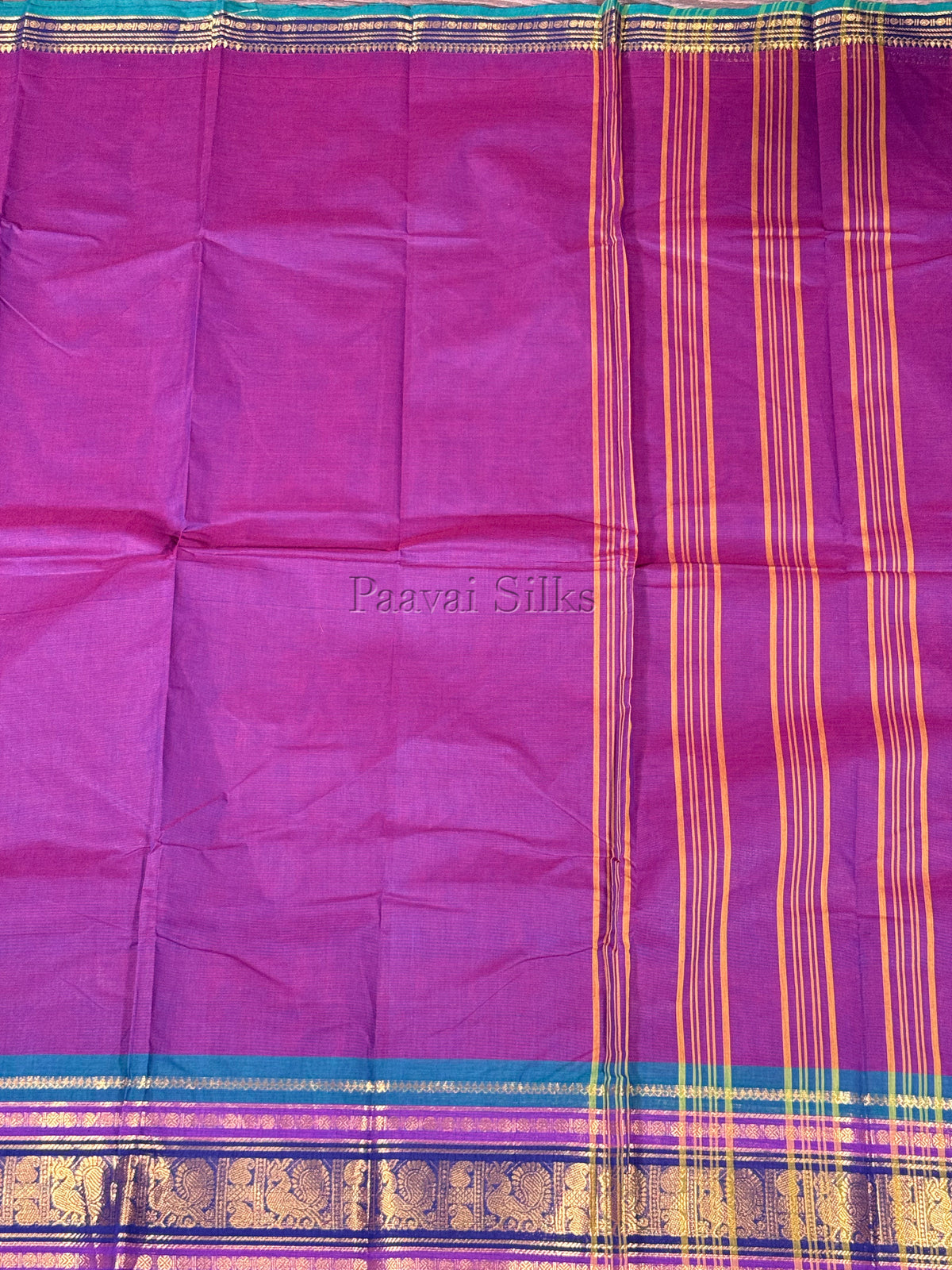 Purple Saree with Peacock Green & Navy Blue Zari Border