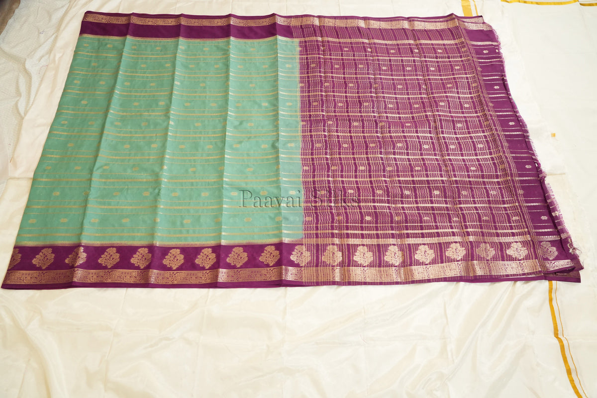 Aqua Blue Semi Mysore Silk Saree with Purple Contrast Border