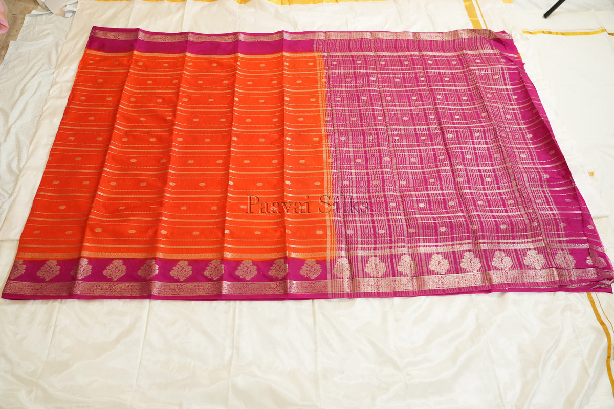 Orange Semi Mysore Silk Saree with Magenta Contrast Border