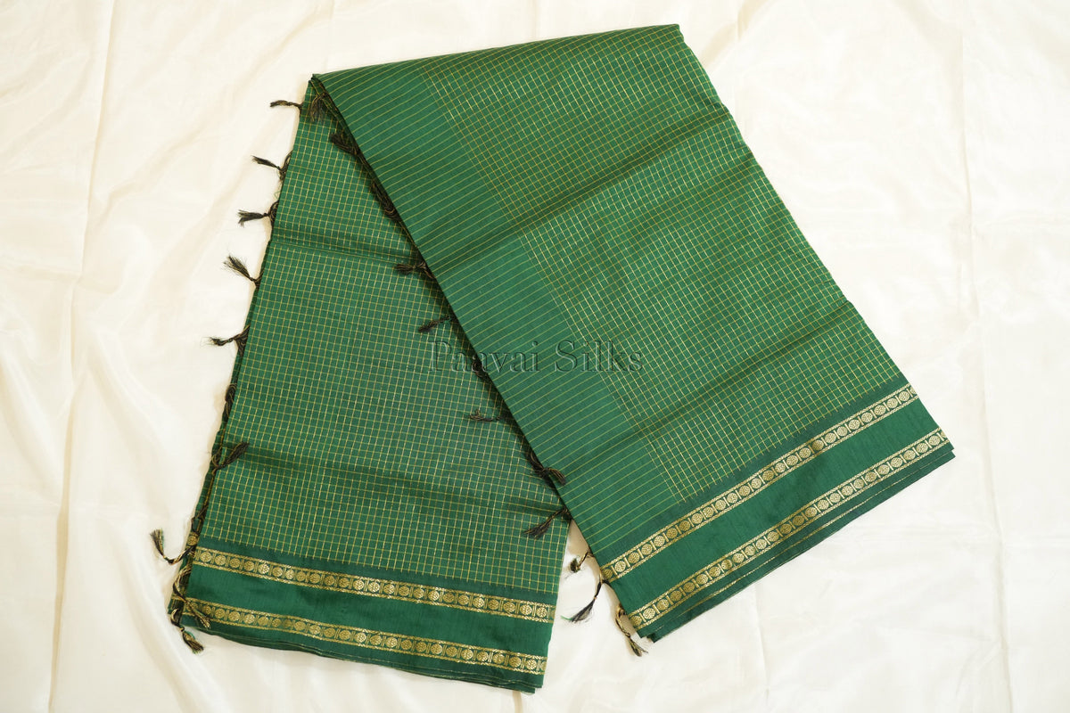 Bottle Green Muthu Kattam Cotton Saree with Rettapet Border