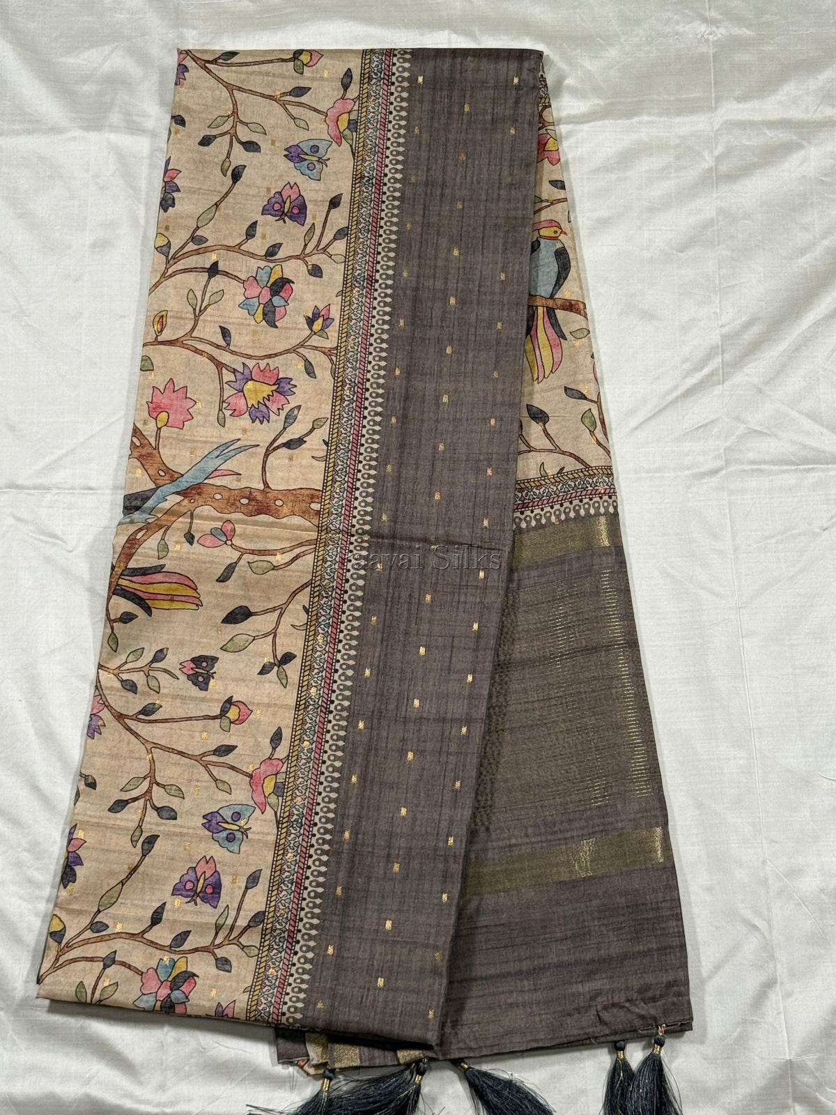 Charcoal Grey Semi Tussar Silk Saree with Wildflower & Bird Print