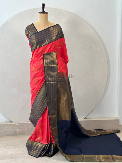 Rose Red Saree with Gold Zari Kattam Checks & Navy Blue Vintage Border