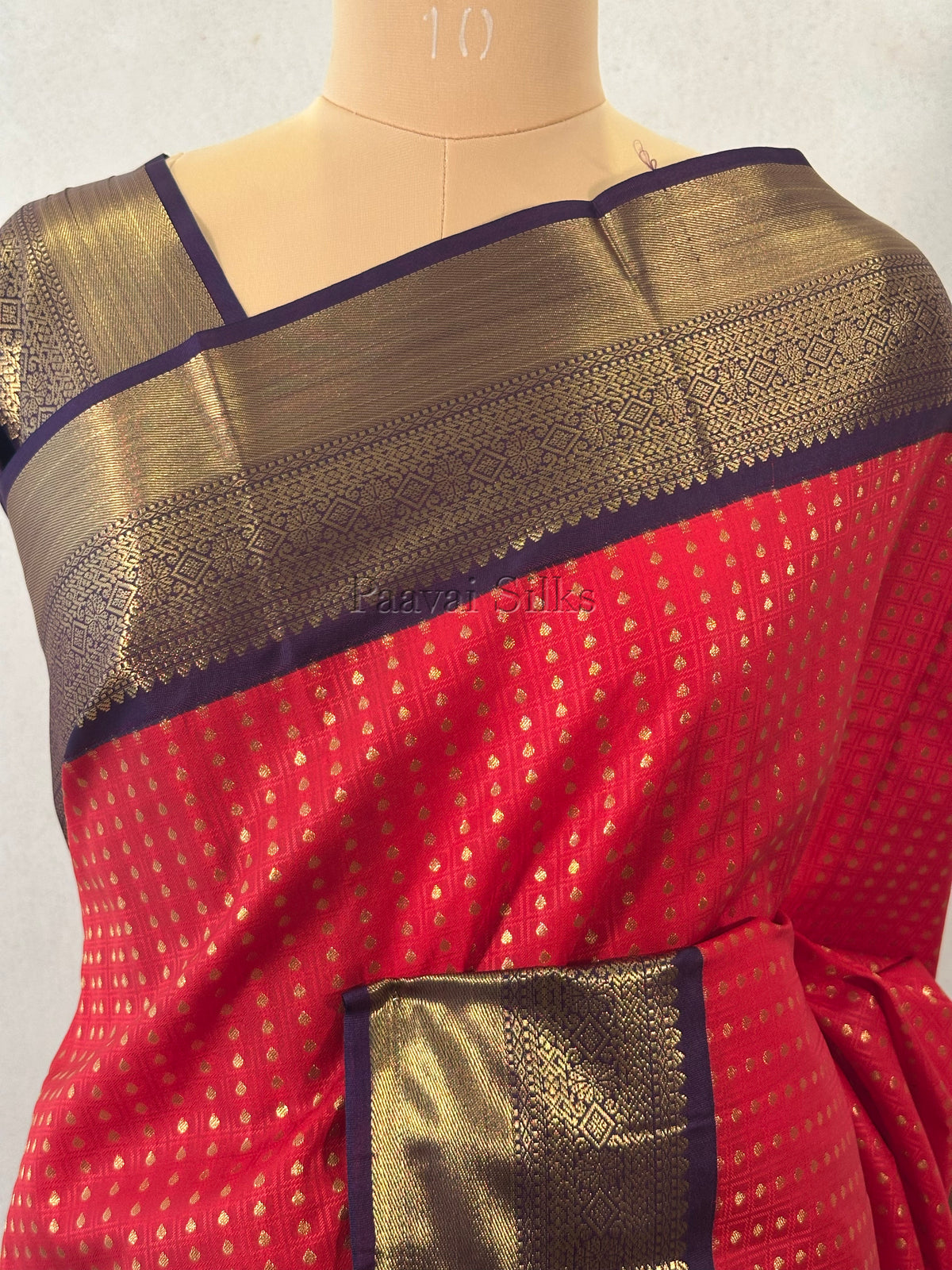 Chilly Red Saree with Gold Zari 1000 Buttas & Regal Purple Border