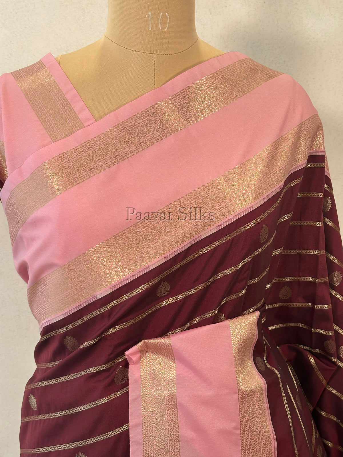 Rich Brown Saree with Gold Zari Veldhari Weave & Lotus Pink Rettapet Border