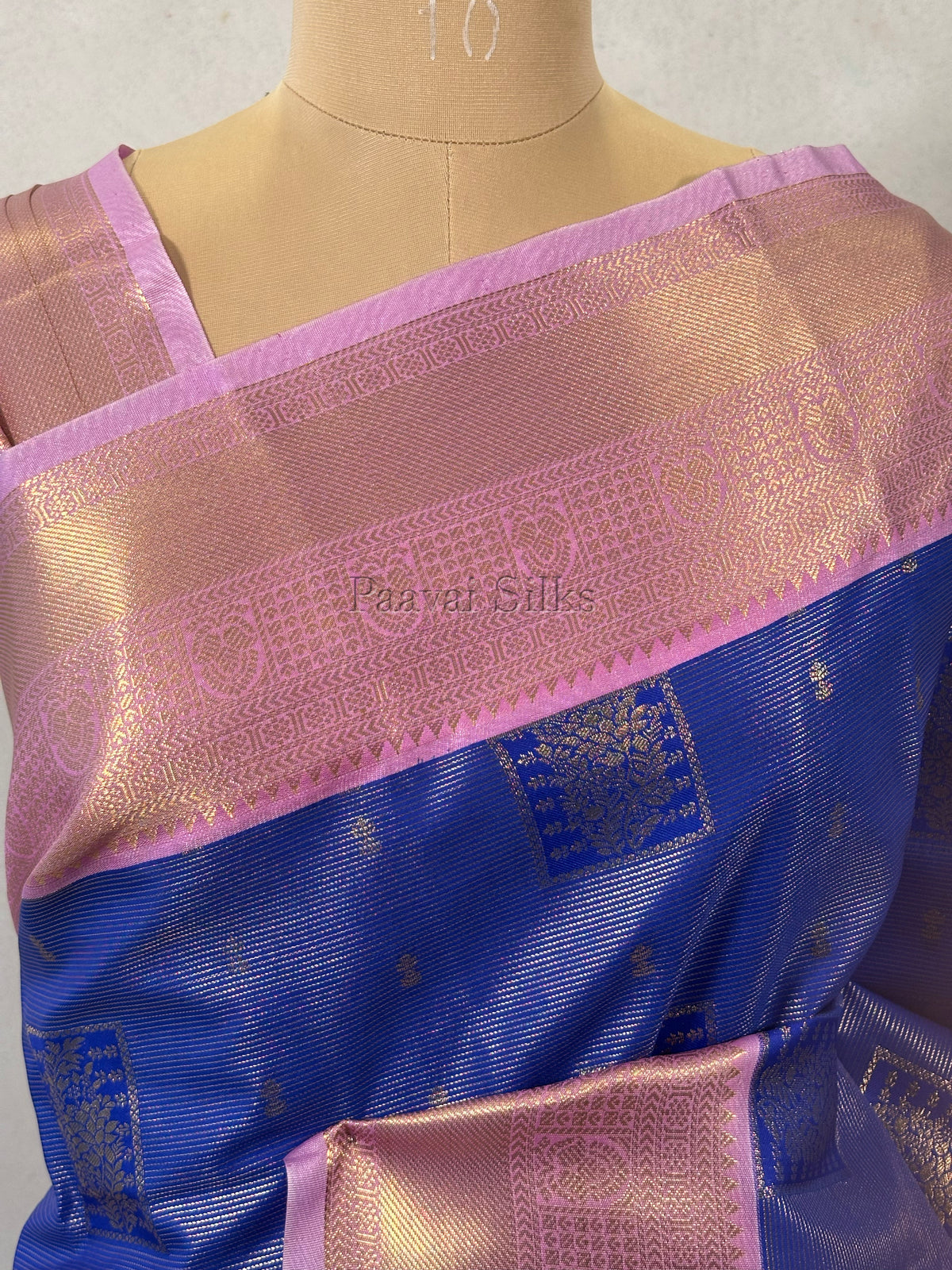 Royal Blue Saree with Fine Gold Zari Stripes & Lotus Pink Border
