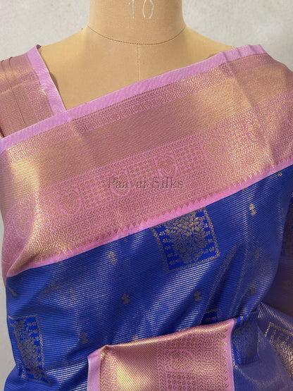Royal Blue Saree with Fine Gold Zari Stripes & Lotus Pink Border