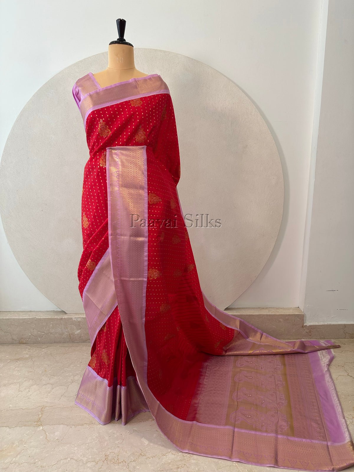 Red Saree with Gold Zari 1000 Buttas & Lilac Border