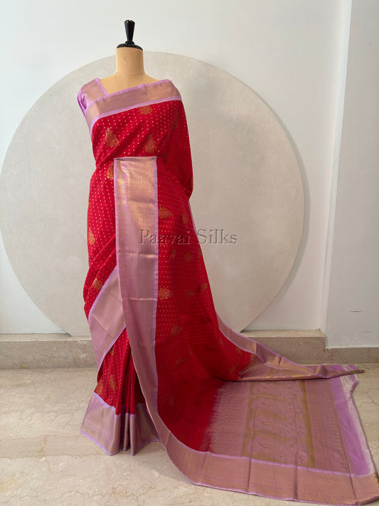 Red Saree with Gold Zari 1000 Buttas & Lilac Border