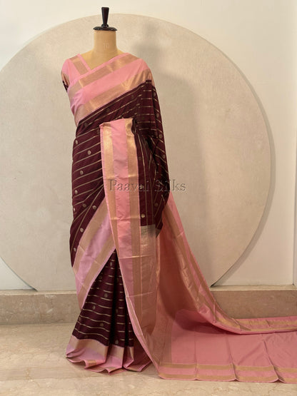 Rich Brown Saree with Gold Zari Veldhari Weave & Lotus Pink Rettapet Border