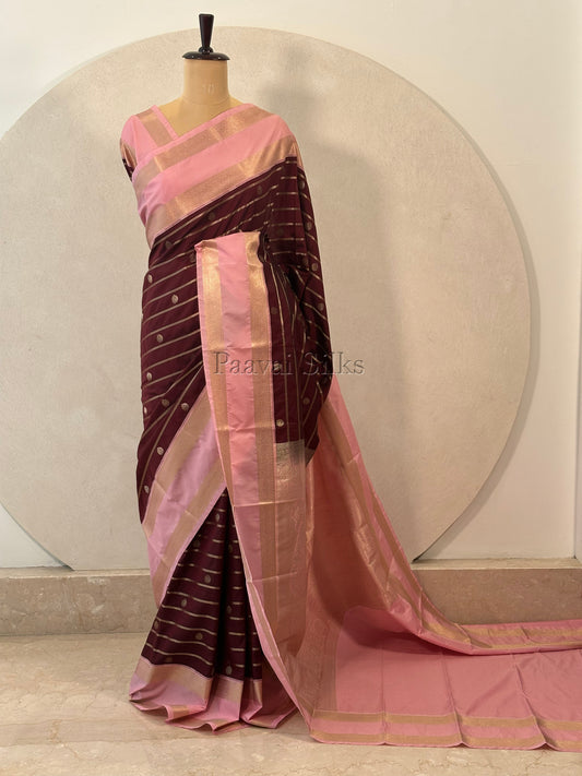 Rich Brown Saree with Gold Zari Veldhari Weave & Lotus Pink Rettapet Border