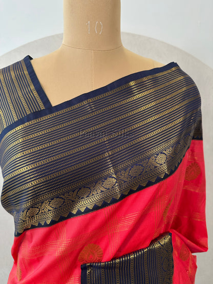 Rose Red Saree with Gold Zari Kattam Checks & Navy Blue Vintage Border