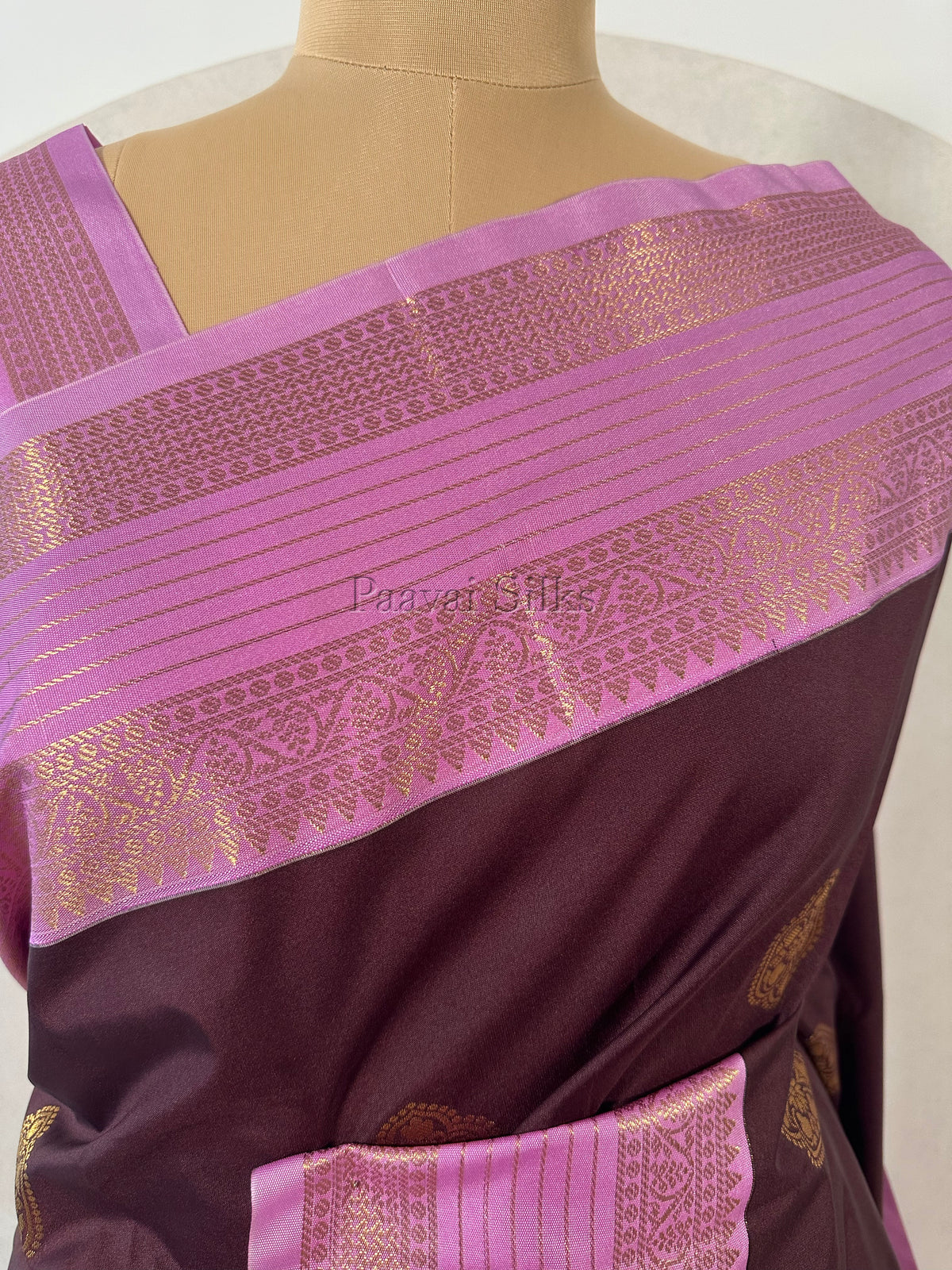 Mocha Brown Saree with Lilac Rettapet Border & Gold Zari Stripes