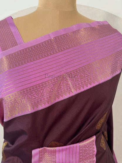 Mocha Brown Saree with Lilac Rettapet Border & Gold Zari Stripes