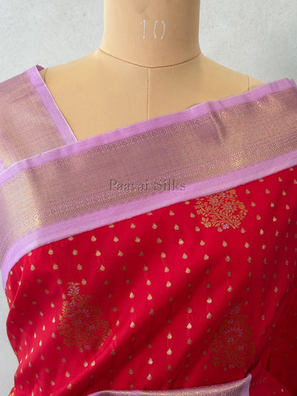 Red Saree with Gold Zari 1000 Buttas & Lilac Border