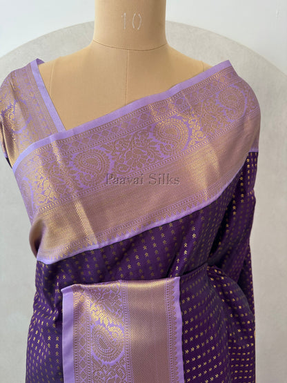 Deep Purple Saree with Gold Zari 1000 Buttas & Lavender Border