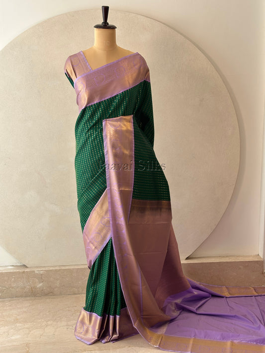 Emerald Green Saree with Gold Zari 1000 Buttas & Lavender Border