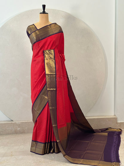 Chilly Red Saree with Gold Zari 1000 Buttas & Regal Purple Border
