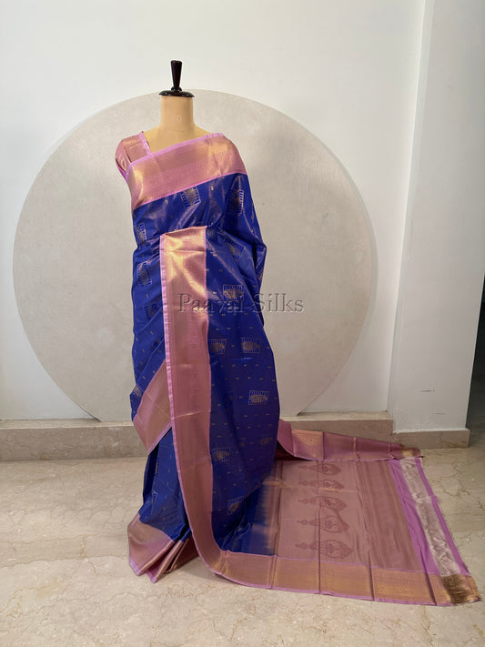Royal Blue Saree with Fine Gold Zari Stripes & Lotus Pink Border