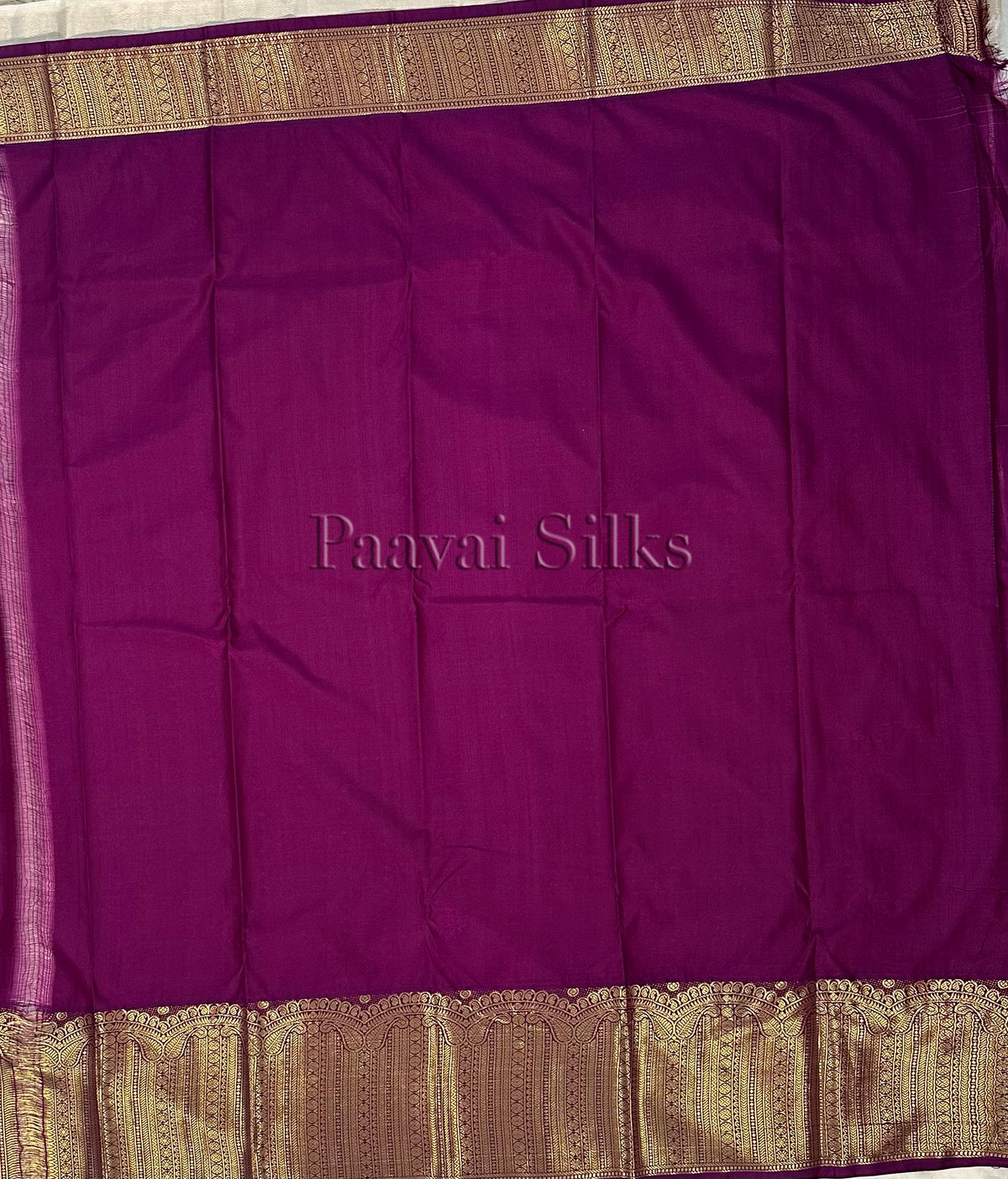 Half White Semi Silk Saree with Gold Zari Vertical Stripes & Deep Purple Border