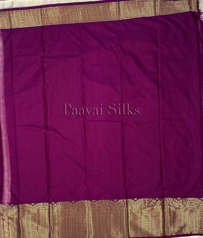 Half White Semi Silk Saree with Gold Zari Vertical Stripes & Deep Purple Border