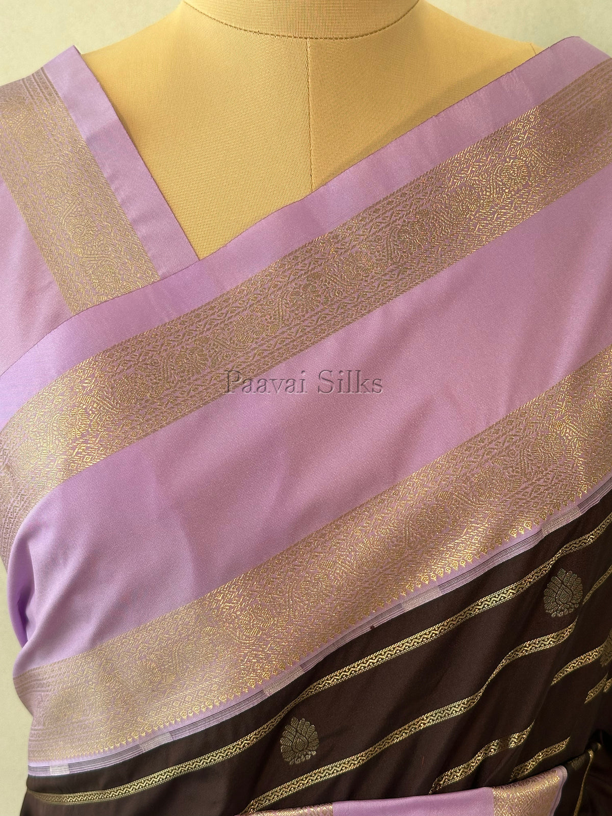 Coffee Brown Saree with Gold Zari Veldhari Design & Lavender Rettapet Border