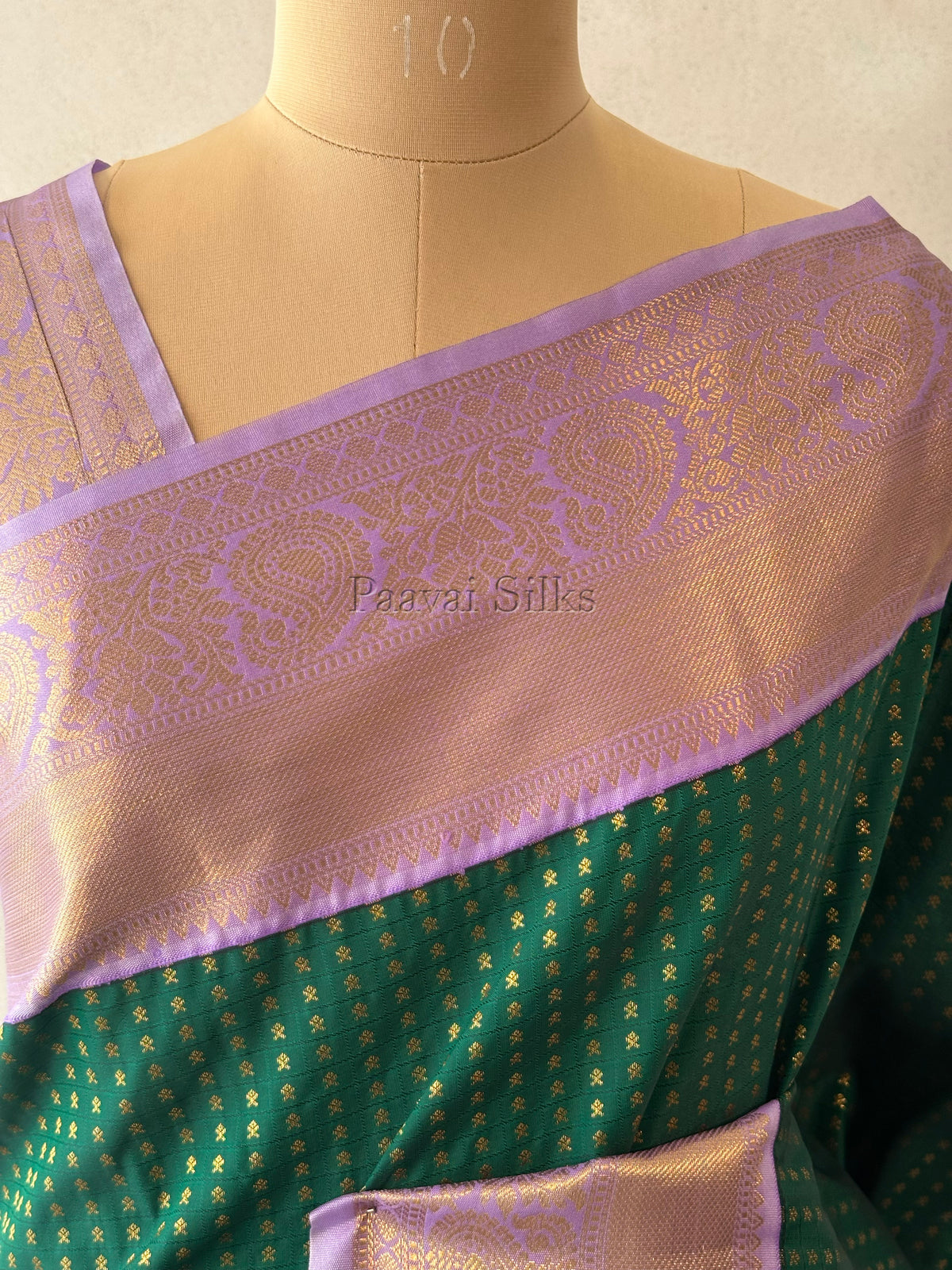 Emerald Green Saree with Gold Zari 1000 Buttas & Lavender Border