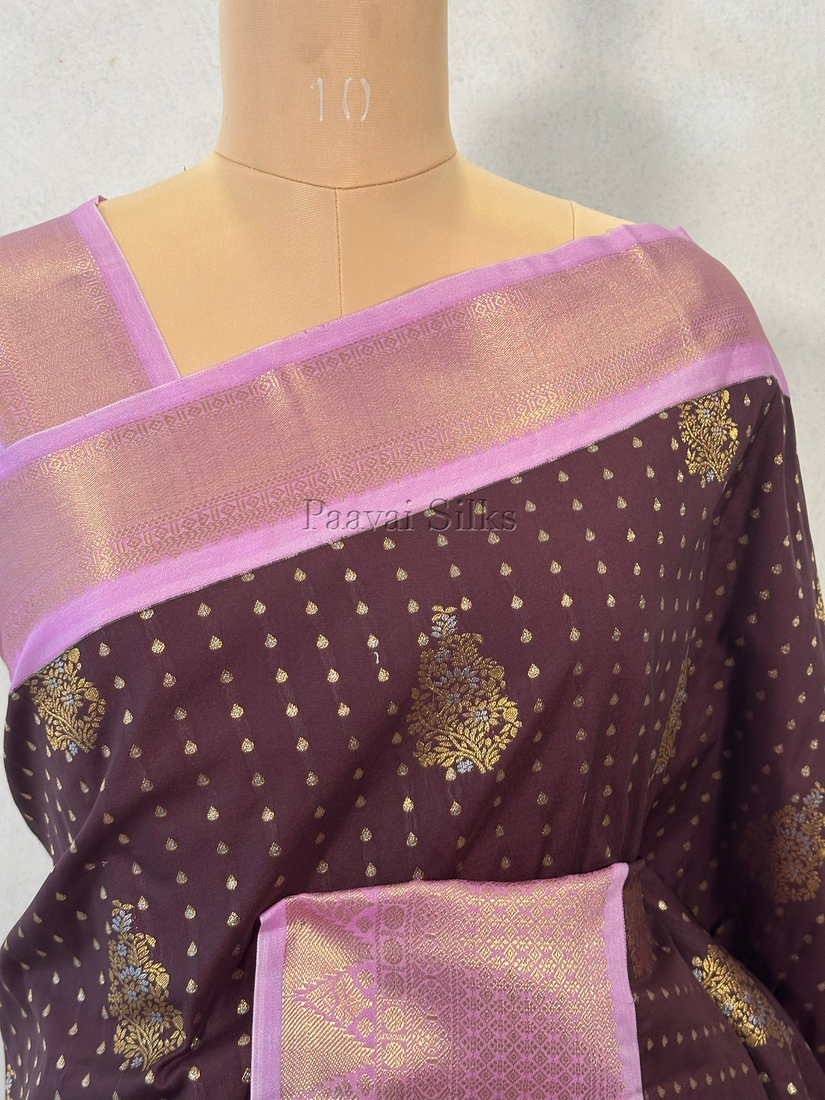 Mocha Brown Saree with All-over 1000 Buttas in Gold Zari & Lilac Border