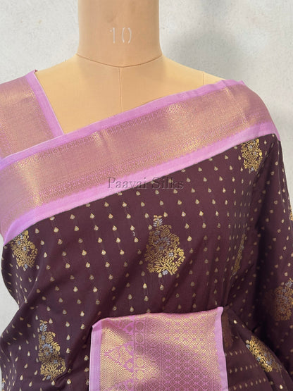 Mocha Brown Saree with All-over 1000 Buttas in Gold Zari & Lilac Border
