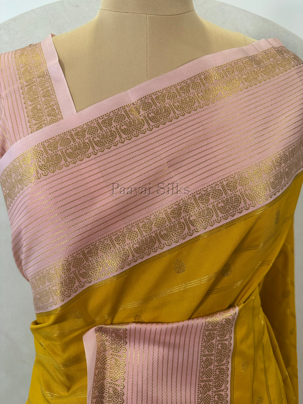 Marigold Yellow Saree with Gold Zari Veldhari Design & Peach Blossom Border