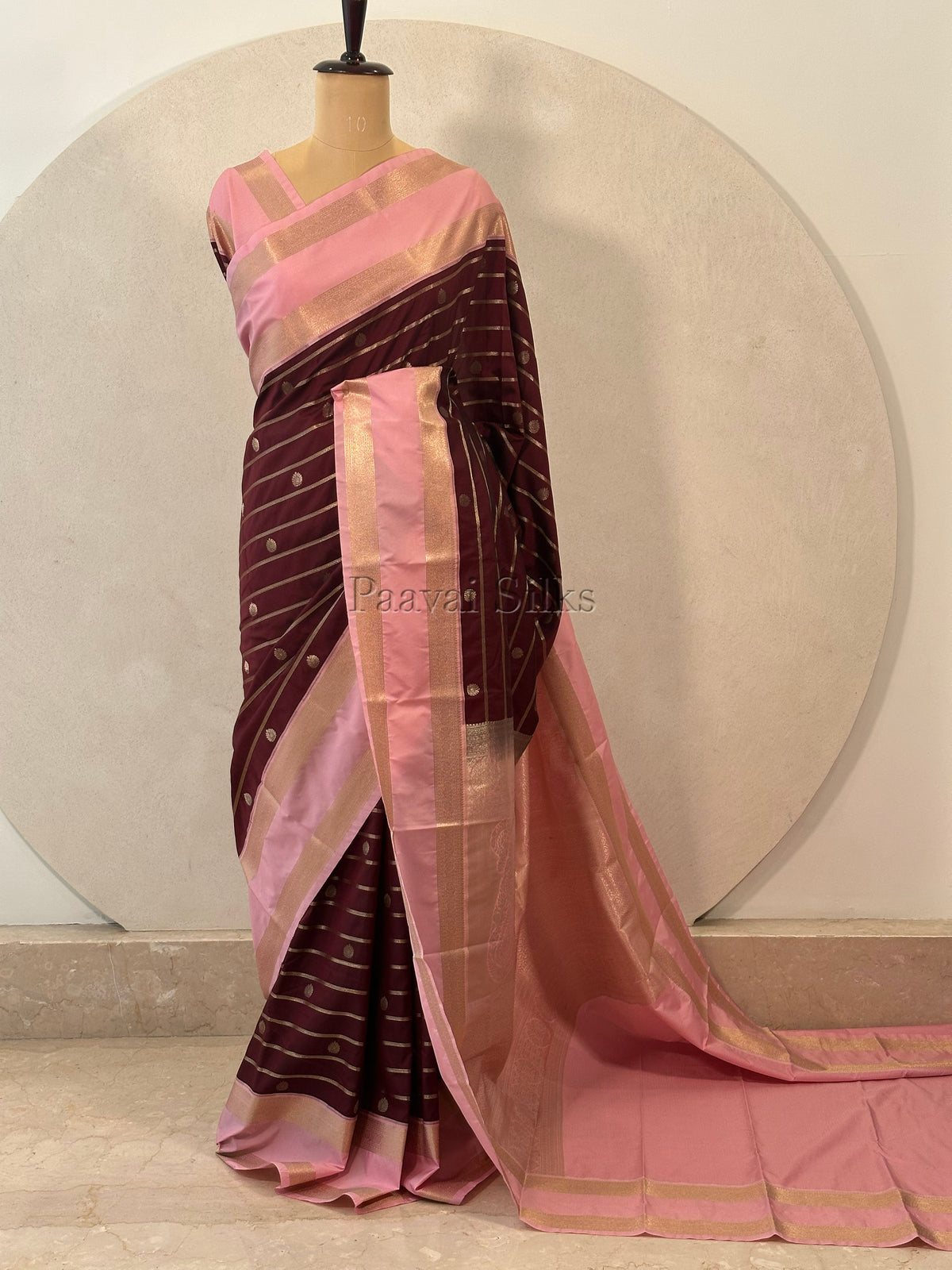 Rich Brown Saree with Gold Zari Veldhari Weave & Lotus Pink Rettapet Border