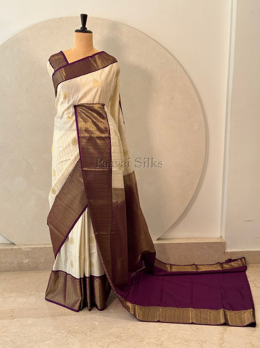 Half White Semi Silk Saree with Gold Zari Vertical Stripes & Deep Purple Border