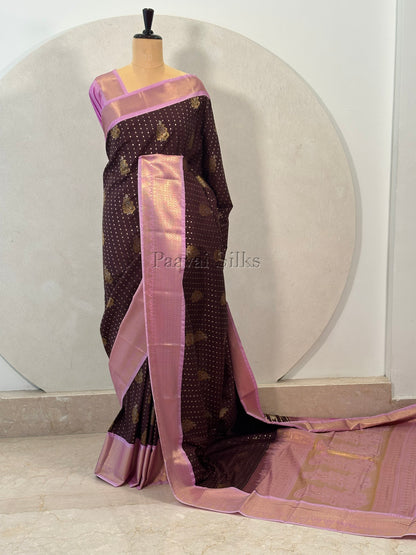 Mocha Brown Saree with All-over 1000 Buttas in Gold Zari & Lilac Border