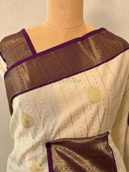 Half White Semi Silk Saree with Gold Zari Vertical Stripes & Deep Purple Border
