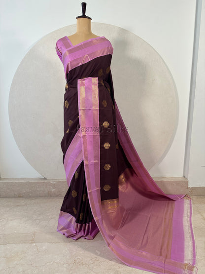 Mocha Brown Saree with Lilac Rettapet Border & Gold Zari Stripes