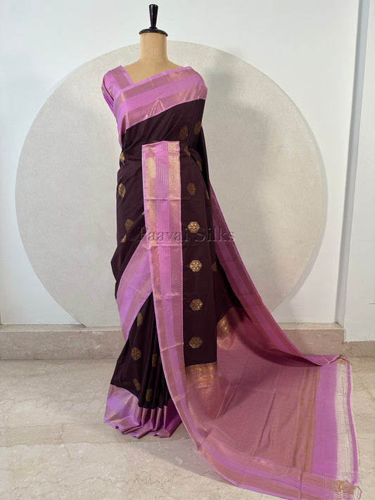 Mocha Brown Saree with Lilac Rettapet Border & Gold Zari Stripes