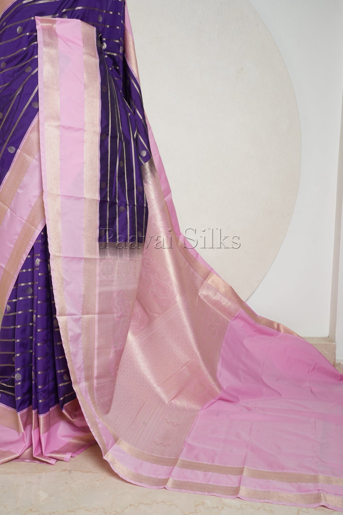 Violet Saree with Gold Zari Veldhari & Pink Rettapet Border