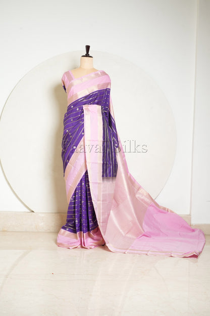 Violet Saree with Gold Zari Veldhari & Pink Rettapet Border